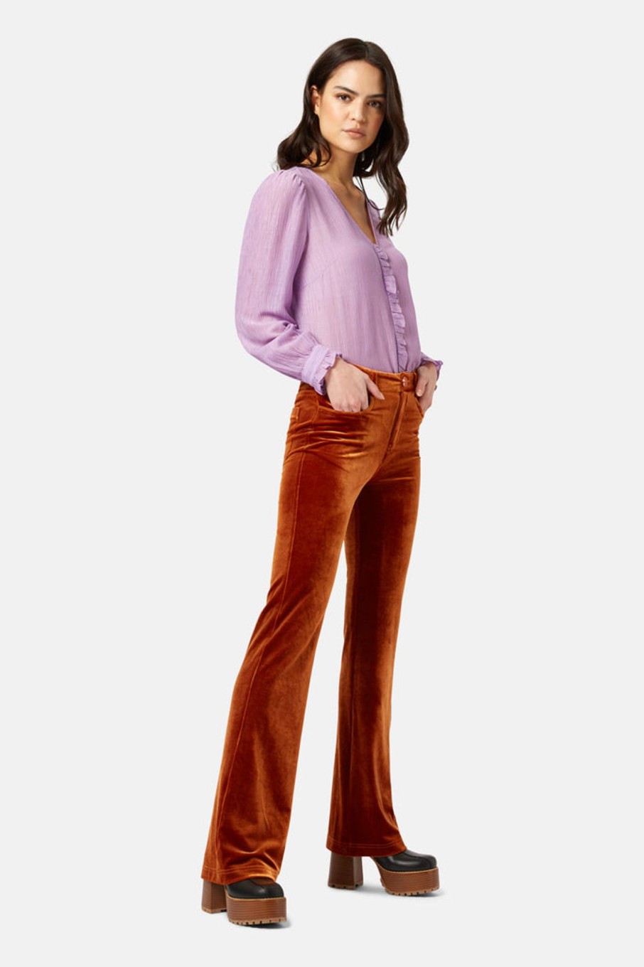 Trousers Traffic People | Never Say Goodbye Velvet Flare Trousers In Brown